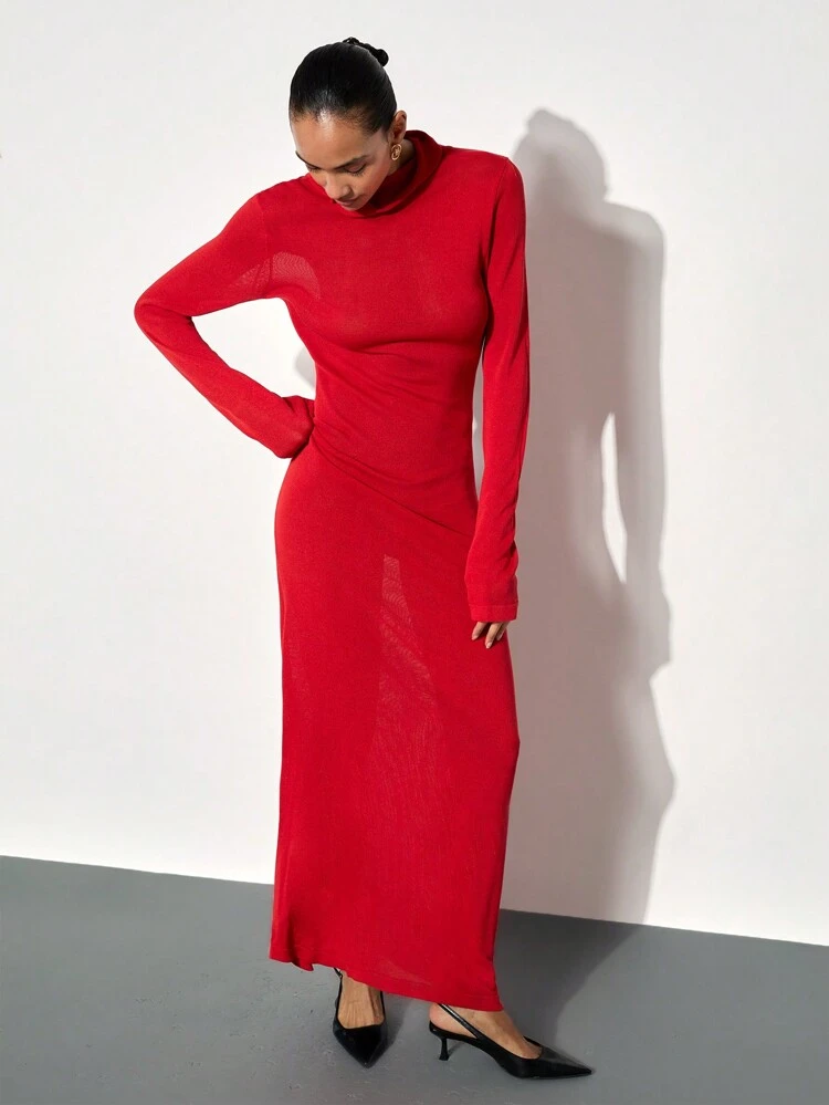 SHEIN Maija Women Elegant Stand Collar Long Sleeve Bodycon Christmas Party Sweater Dress, Red, Autumn/Winter