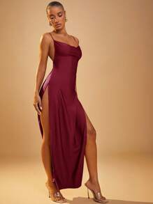 Hauture Winter Women Clothes, Elegant Burgundy Strappy Double High Slit Open Back Maxi Dress, Elegant Women Dresses, Christmas Women Dress, Prom Dress, Red Dress. For Date Night, Concerts, Performances, Wedding, Parties, Clubs, Evening, Formal Dress