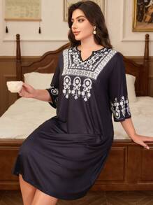 Camisón de talla grande con estampado retro - Negro - Ver 4