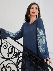 Al Najma 喇叭袖串珠刺绣闪亮弹力针织阿拉伯连衣裙，秋冬款，优雅朴素长袖超长 Jalabiya 阿拉伯连衣裙，适合晚会/婚礼嘉宾/周年纪念 - 藍色 - 查看 4