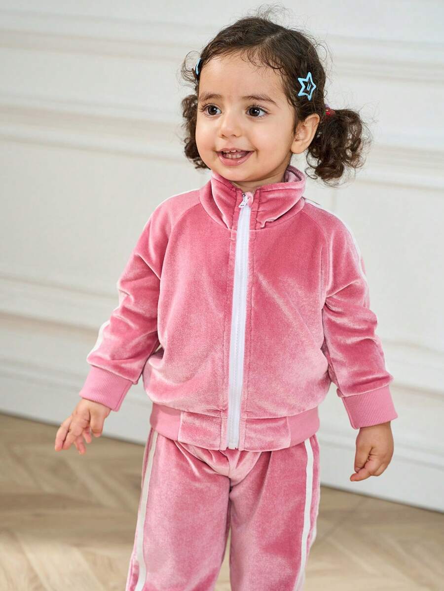 2pcs/Set Baby Girl Girls Velvet Casual Loose Solid Color Jacket And Pants Sports Suit - Pink - View 1