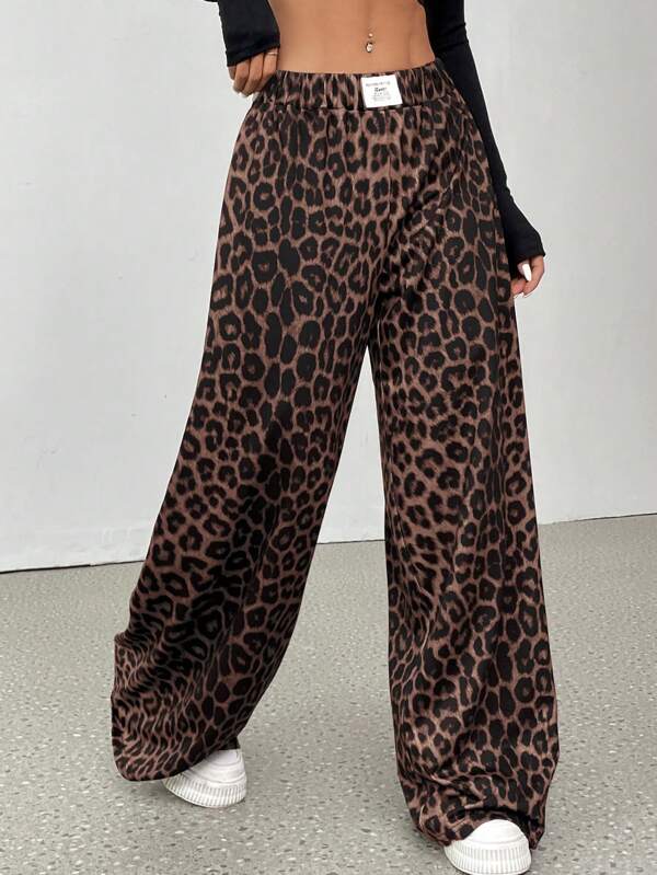 SHEIN EZwear Women's Loose Letter & Leopard Print Wide Leg Casual Pants Graduation,Back To School Outfits,Graduation,Teacher Outfits For Women,Back To School
