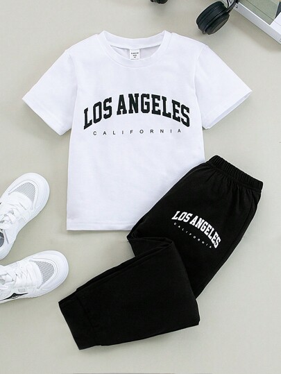 SHEIN Explorewe 2pcs/Set Young Boy Casual Simple Letter & Numeric Print Short Sleeve T-Shirt And Pants Outfit Set, Suitable For Daily Wear With Jackets, Outings, Travels, Festivals, Parties, And Street Style To Showcase The Boy's Unique Personalized And Allow Freedom Of Movement