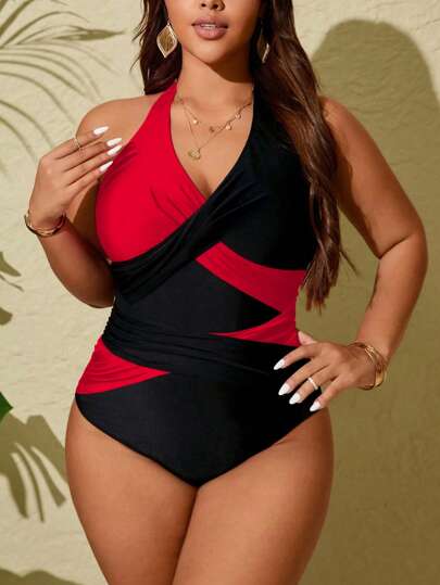 SHEIN Slayr CURVE 1 stuk Plus Size Color Block V-hals Halter Eendelig Badpak Zomer