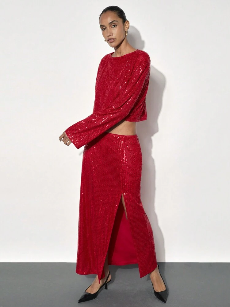 SHEIN Maija 2 pièces Ensemble de robe rouge fendue avec paillettes élégantes pour femme, idéale pour les fêtes de Noël, automne/hiver