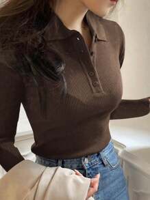 DAZY 女式纯色前扣长袖休闲衬衫夏秋季 - 棕色 - 查看 4