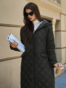EURMUSE Women's Solid Simple Padded Hooded Long Winter Coat - Army Green - View 6