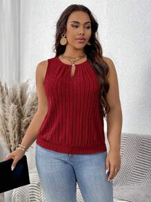 SHEIN LUNE Plus Size Ribbed Gold Buckle Teardrop Tank Top - Burgundy - View 4