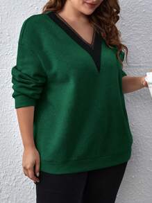 SHEIN LUNE Sudadera con capucha de corte holgado con bloque de color y cuello en V talla grande, nuevo outfit para otoño / invierno, vestido de fiesta verde para Navidad y Año Nuevo, atuendo de mujer para cumpleaños, ropa de mujer para otoño