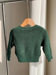 SHEIN 新生男婴和女婴百搭纯绿色柔软针织圆领长袖毛衣，秋冬季 - 墨綠色 - 查看 2