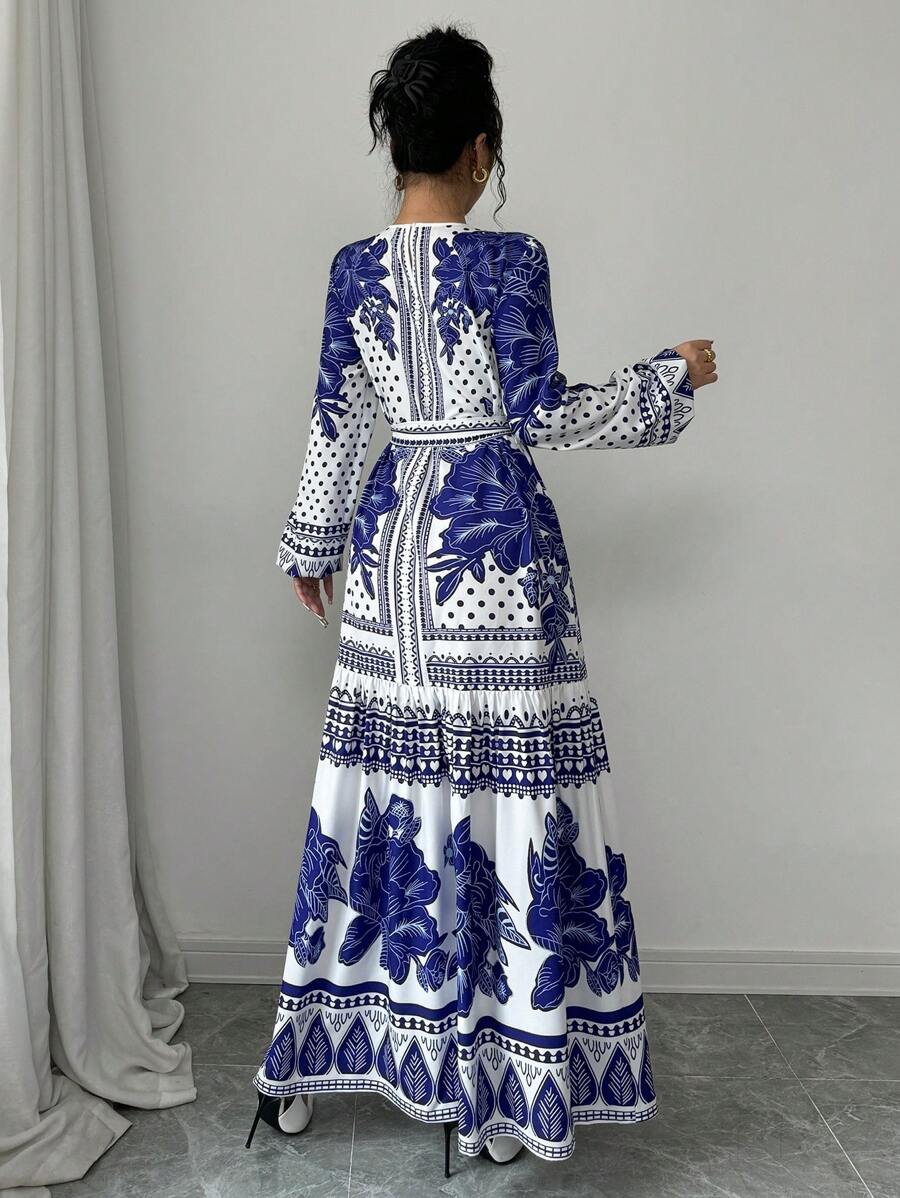 SHEIN Elenzya Robe vintage ample à taille marquée pour femmes avec imprimé classique, tenue maxi