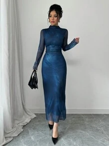 Selianne Đầm Maxi Thiết Kế Mới Thu/Đông Cho Nữ Cổ Đứng Tay Dài Xếp Ly Eo Thon Gọn Vải Lưới Nhuộm Màu Vẽ Tranh In Hình - Màu xanh lam - Xem 3