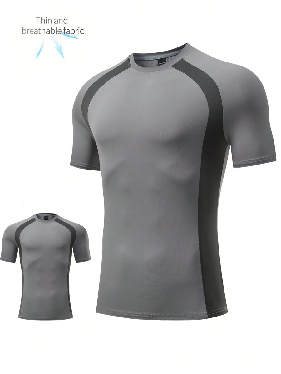 Manfinity Sport Corelite 紧身拼色圆领短袖运动 T 恤，夏季 - 彩色 - 查看 1