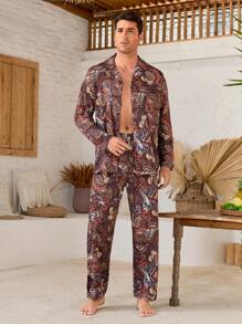 Manfinity ChillVibe 男士两件套睡衣套装，长袖上衣和裤子，简约时尚，适合日常休闲穿着 - 摩卡棕 - 查看 3