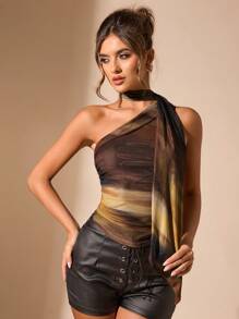 SHEIN BAE 女士不对称肩部修身褶饰网眼扎染印花衬衫 - 咖啡棕 - 查看 4