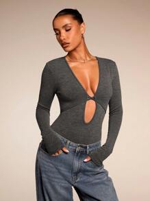 SHEIN BAE Body de mujer de unicolor con cuello en V profundo y calado