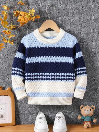 厚实柔软针织条纹撞色套头衫，适合男孩，适合秋冬季居家、休闲、户外和聚会