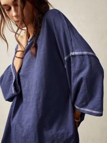 Bohemela 休闲纯色针织圆领 3/4 袖宽松洗水 T 恤 - 藏蓝色 - 查看 7