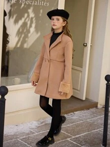SHEIN Tween Girl Elegant And Wool Coat With Collar And Fur Cuffs, Suitable For Various Outdoor Events, Spring/Autumn/Winter - Mocha Brown - View 6