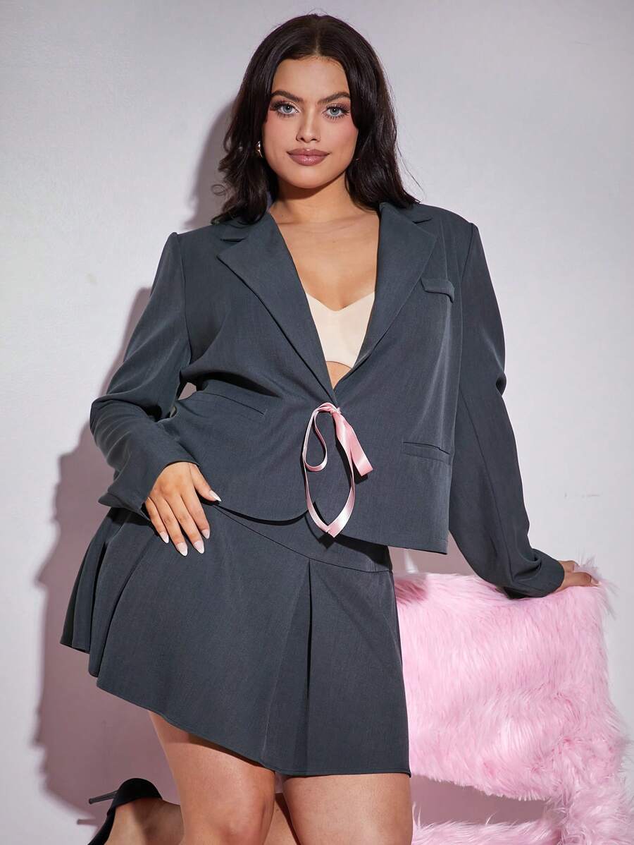 SHEIN SXY Plus Size Women Long Sleeve Bow-Knot Blazer,Pink And Grey,Summer,Smart Casual,Office,Back-To-School,Business, Date Night,Birthday,Streetwear,Cute - Grey - View 1