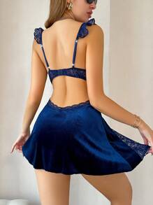 Lace Patchwork Velvet Backless Camisole Nightgown