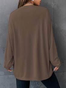 SHEIN Unity 女士“想太多”印花纯色休闲T恤，简约时尚日常穿搭图案T恤女式上衣 - 咖啡棕 - 查看 2