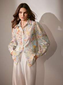 Anewsta Women's Fashion Floral Embroidery Long Sleeve Single-Breasted Loose Blouse, Autumn Women Shirt