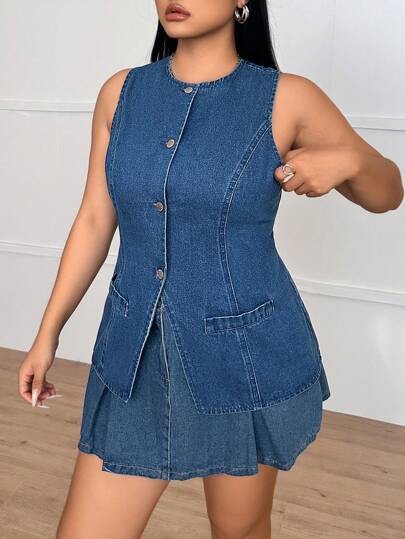 Firerie 大码牛仔背心，休闲修身无袖，蓝色