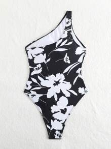 女士随机印花斜肩简约日常连体泳衣夏季 - 黑與白 - 查看 4