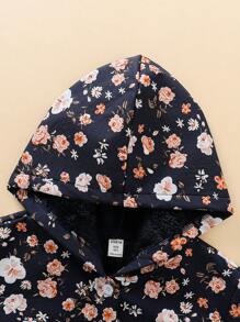 Tween Girl Thicken Fluffy Vintage Ditsy Floral Hooded Mid-Length Jacket, Autumn/Winter