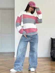 SHEIN Leap Crew 少女彩色条纹圆领宽松休闲针织毛衣