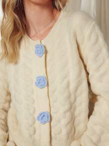WESTFADE Summer Flower Button Long Sleeve Cozy Textured Knit Cardigan Sweater - Apricot - View 2
