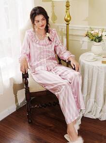 Côtesoire Elegant Striped Pattern Contrast Lace Women's Pajama Set
