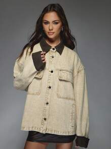 MISSGUIDED Oversized Utility Trucker Jean Jacket Winter Autumn Western Streetwear Two Tone Collar Work Casual Fashion Outerwear Heavy Duty Pockets