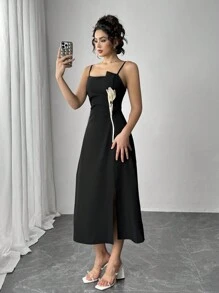 Firerie Women's Spaghetti Strap Floral Decor Split Hem Casual Black Elegant Dress