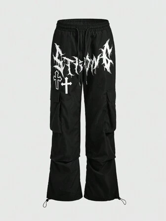 Street Life Men's Front Tie Letter Print Pocket Minimalist Design Long Cargo Pants, Casual Daily Wear