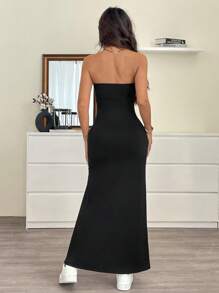 Muchica 女士无袖纯色高开叉长筒连衣裙 - 黑色 - 查看 2