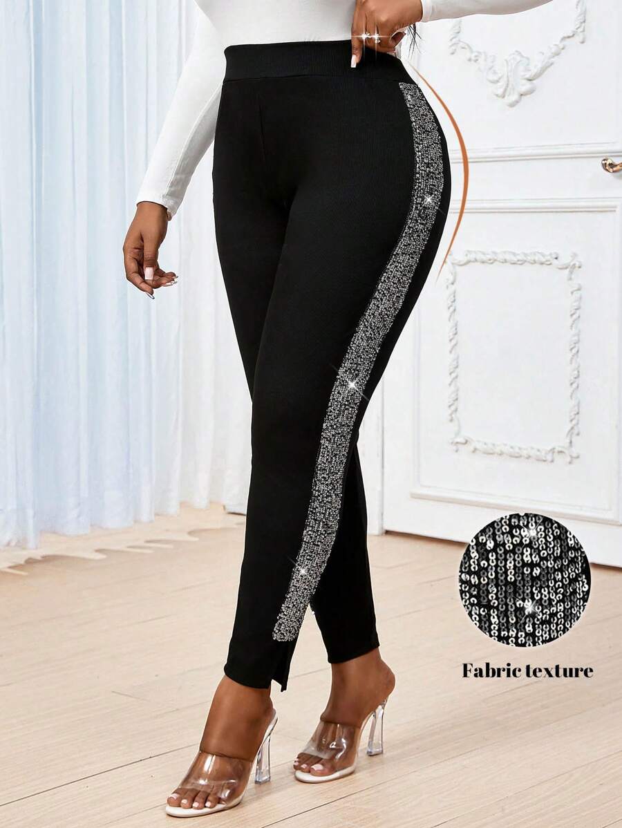 SHEIN Lady 秋冬季优雅通勤办公室黑色闪亮罗纹针织撞色亮片长款大码打底裤 - 黑色 - 查看 1