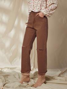 WESTFADE Pantalones vaqueros rectos de pierna de tobillo con cortes y dobladillo deshilachado de talle medio, atuendo estilo Nashville