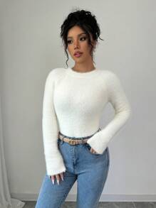 RosyDaze Autumn Winter Casual Solid Color Fitted Sweater, Knit Pullover Fall - Apricot - View 4