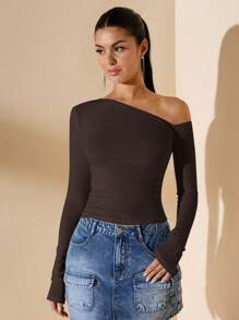 SHEIN BAE 女式不对称不对称领口长袖修身休闲 T 恤，纯白色，秋冬 - 咖啡棕 - 查看 1