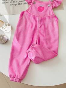 SHEIN Bộ đồ liền thân viền bèo nhún màu hồng họa tiết dâu tây dễ thương cho bé gái sơ sinh, mùa thu/đông - Hồng - Xem 4