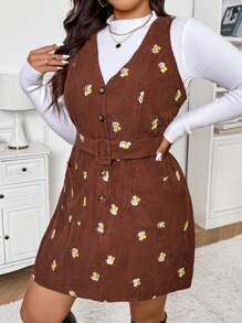 SHEIN Frenchy Autumn/Winter Corduroy Embroidered Pinafore Dress Plus Size, Detachable & Adjustable Waistband, Collegiate Style - Coffee Brown - View 3