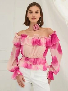 Enchnt Spring Romantic Women Off Shoulder Long Sleeve Gathered Printing Minimalist Casual Top,For Valentine's Day& Sweet Date&Daily Commuting,Vacation Top - Pink - View 1