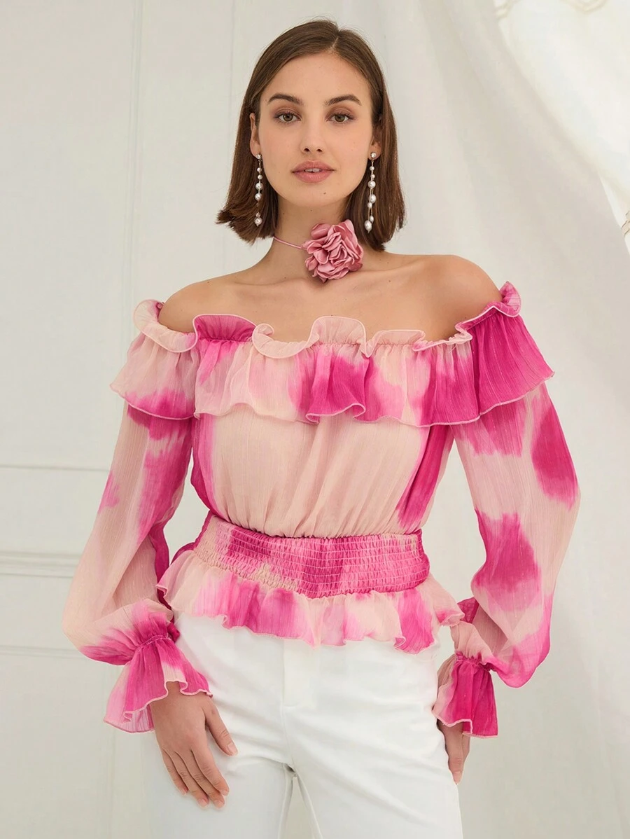 Enchnt Spring Romantic Women Off Shoulder Long Sleeve Gathered Printing Minimalist Casual Top,For Valentine's Day& Sweet Date&Daily Commuting,Vacation Top - Pink - View 1