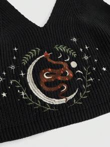 ROMWE Hippie Plus Size 2pcs/Set Hippie Style Snake And Plant Embroidery Cardigan And Knitted Tank Top