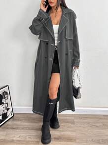 Muchica Black Double Breasted Belted Trench Coat - Grey - View 4