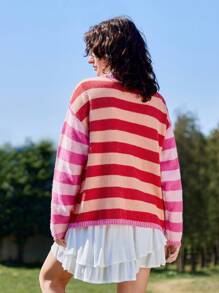 Skyraze Women's Red & Pink Striped Cardigan,Geometric Pattern - Hot Pink - View 2