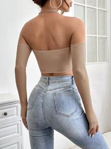 SHEIN PETITE Top corto a spalle scoperte tinta unita, per donne di piccola statura - Moka Marrone - Visualizzare 2