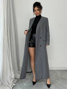 Elenzga Women's Solid Color V-Neck Double-Breasted Overcoat With Belt, Autumn/Winter - Grey - View 2